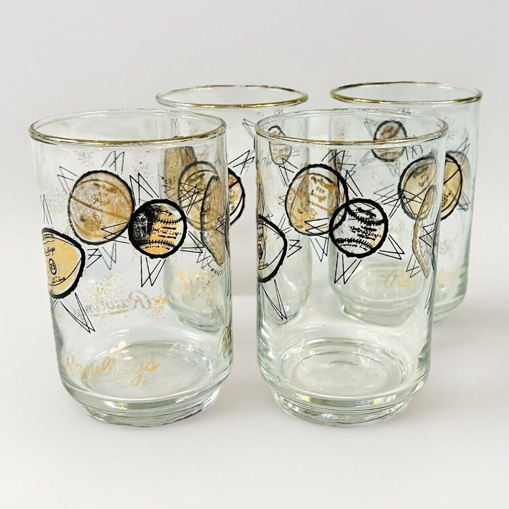 Vtg MCM Set Libbey Rawlings Atomic Baseball Football Black Gold Glasses Tumblers